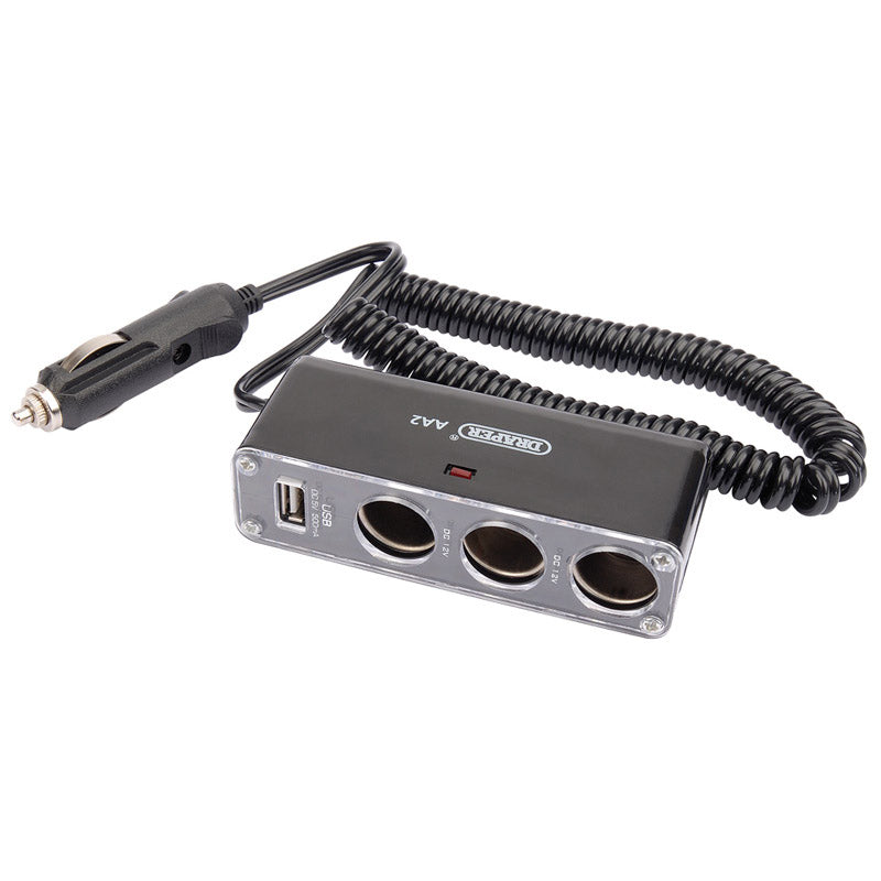 Draper 12V DC 3 Way Extension Lead with USB Port