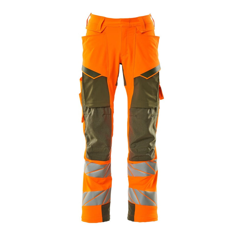 Mascot Accelerate Safe Trousers with Kneepad Pockets - Hi-Vis Orange/Moss Green #colour_hi-vis-orange-moss-green