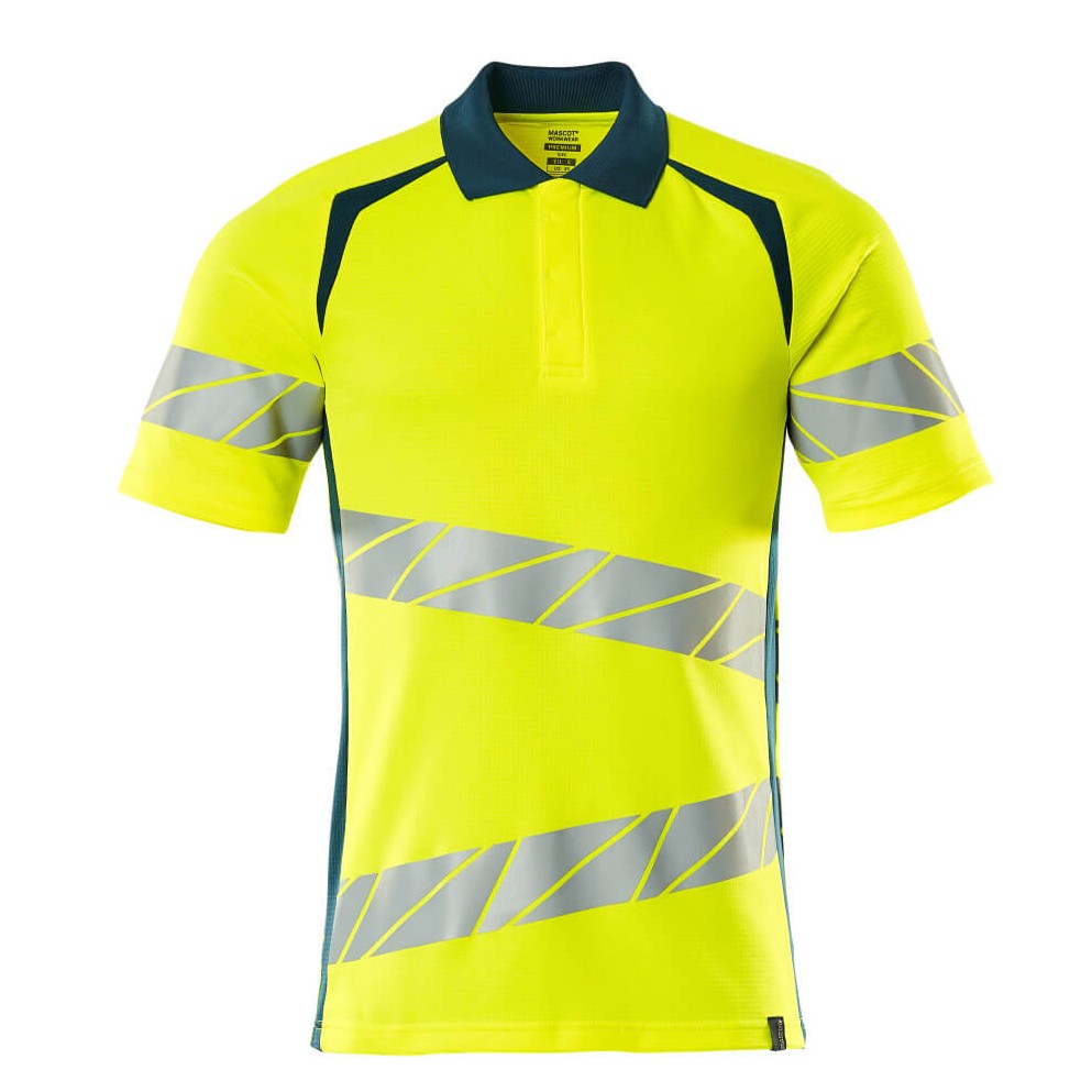 Mascot Accelerate Safe Modern Fit Polo Shirt #colour_hi-vis-yellow-dark-petroleum