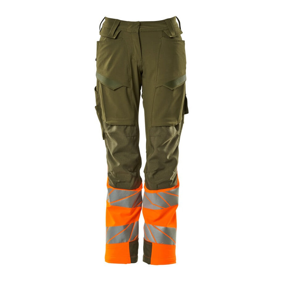 Mascot Accelerate Safe Ladies Diamond Fit Trousers with Kneepad Pockets - Moss Green/Orange #colour_moss-green-orange