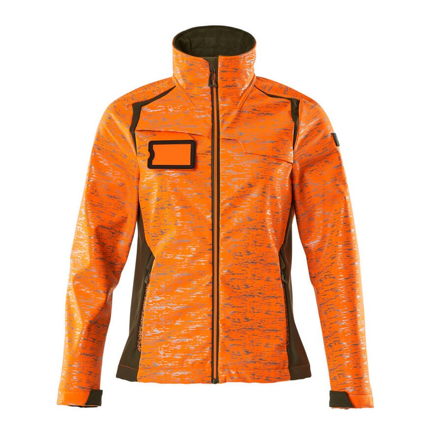 Mascot Accelerate Safe Ladies Fit Softshell Jacket with Reflectors #colour_hi-vis-orange-moss-green