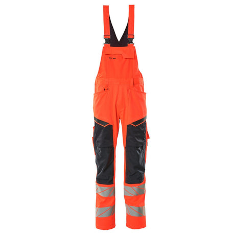 Mascot Accelerate Safe Bib & Brace with Kneepad Pockets - Hi-Vis Red/Dark Navy #colour_hi-vis-red-dark-navy