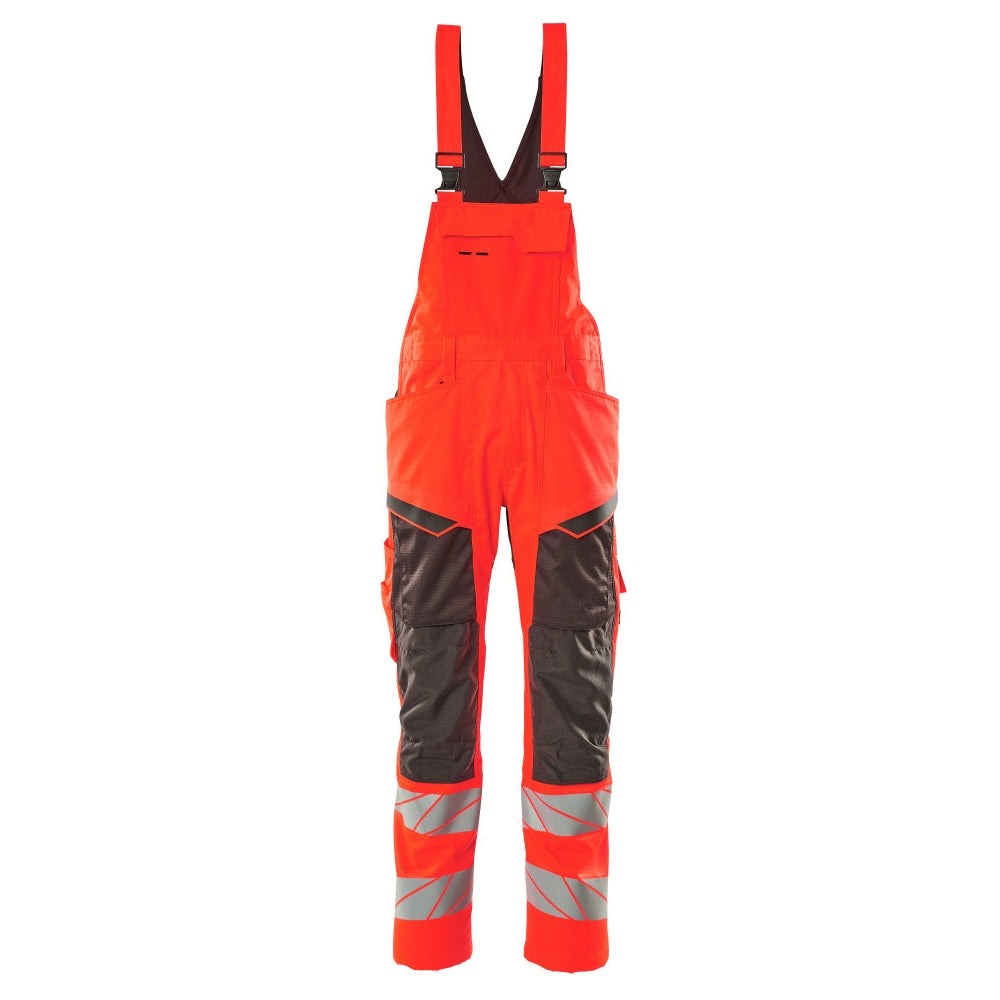 Mascot Accelerate Safe Bib & Brace with Kneepad Pockets - Hi-Vis Red/Dark Anthracite #colour_hi-vis-red-dark-anthracite