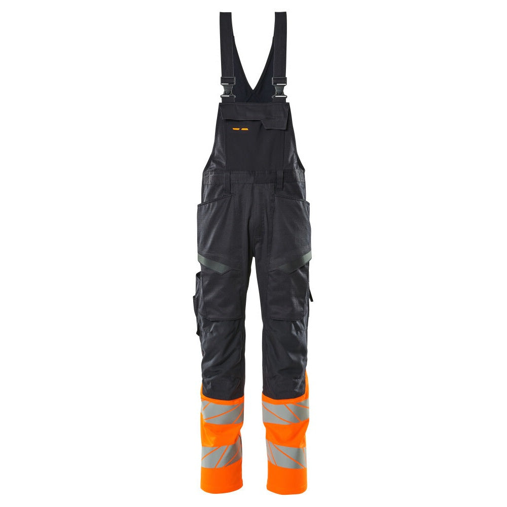 Mascot Accelerate Safe Bib & Brace with Kneepad Pockets #colour_dark-navy-hi-vis-orange